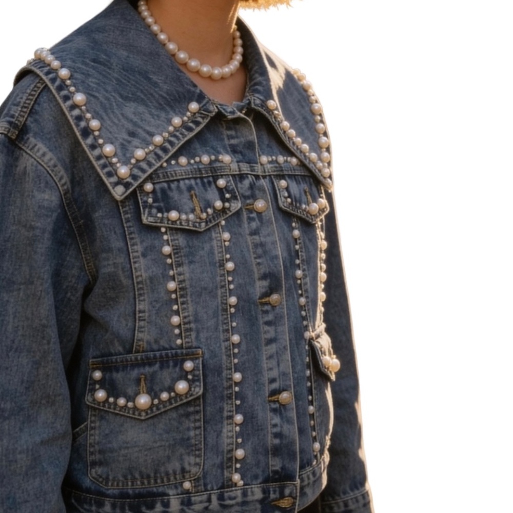 #A002 Pearl Embellished Denim Jacket – Size L – New without Tag - Picture 14 of 15